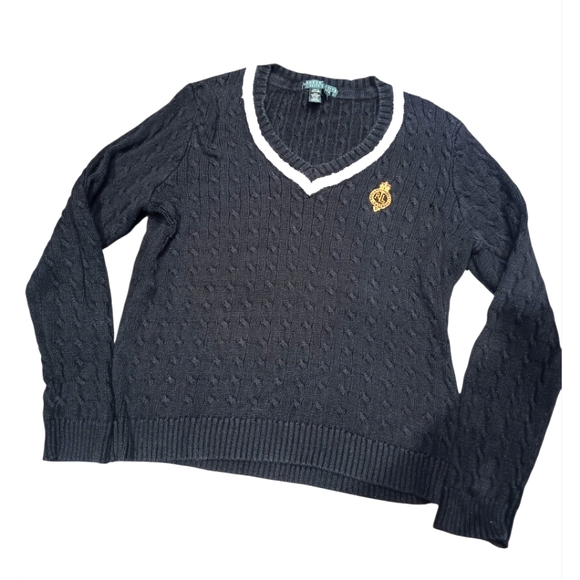 Y2k Lauren Women's V-Neck Cable Knit Sweater - Black - Picture 1 of 4